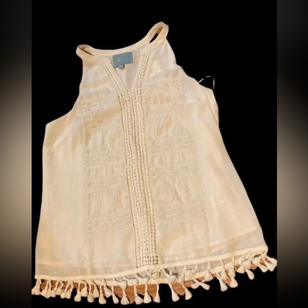 Skies are blue small cream lined tank blouse feminine shirt.